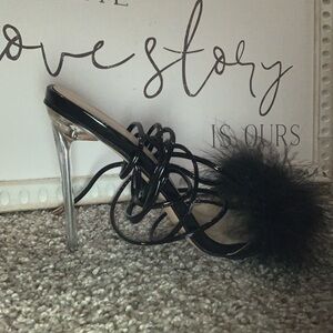 Black Strappy Feather Detail Stiletto Mule